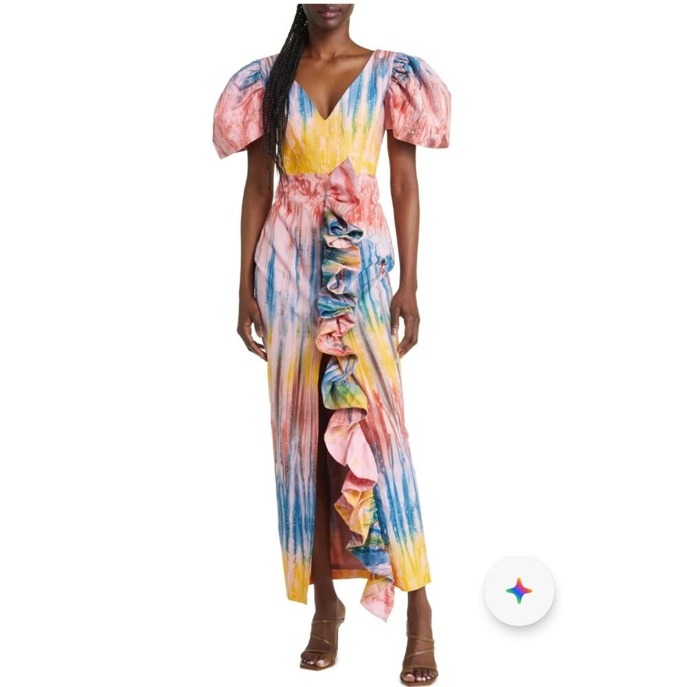 Anthropologie Sika Designer Sunset Multi Temi Ruffle Cotton Dress US 8 Batik